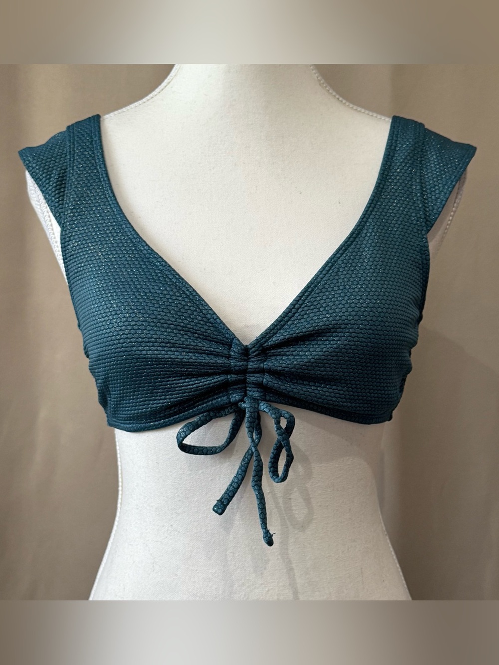 Teal Textured Bikini Top Capped Sleeve Straps Center Drawstring 👙